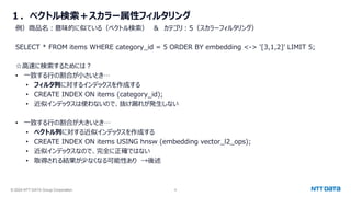 © 2024 NTT DATA Group Corporation 8
１．ベクトル検索＋スカラー属性フィルタリング
例）商品名：意味的に似ている（ベクトル検索） ＆ カテゴリ：5（スカラーフィルタリング）
SELECT * FROM items WHERE category_id = 5 ORDER BY embedding <-> '[3,1,2]' LIMIT 5;
☆高速に検索するためには？
• 一致する行の割合が小さいとき…
• フィルタ列に対するインデックスを作成する
• CREATE INDEX ON items (category_id);
• 近似インデックスは使わないので、抜け漏れが発生しない
• 一致する行の割合が大きいとき…
• ベクトル列に対する近似インデックスを作成する
• CREATE INDEX ON items USING hnsw (embedding vector_l2_ops);
• 近似インデックスなので、完全に正確ではない
• 取得される結果が少なくなる可能性あり →後述
 