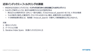 © 2024 NTT DATA Group Corporation 9
近似インデックス＋フィルタリングの課題
• HNSWなどの近似インデックスでは、インデックスがスキャンされた後にフィルタリングされる
• フィルタリング条件によっては、返される結果が少なくなる可能性がある
• 例えばフィルタ条件が行の 10% に一致する場合、デフォルトhnsw.ef_searchの 40 では、4 件のみ取得
• フィルタ条件に指定した集団がターゲットベクトルの近くにない場合、結果が0件になる可能性も
• 十分検索結果を得るには、 取得数（hnsw.ef_search）を増やして検索範囲を広げるしかなかった。
対策
1. 部分インデックス
2. パーティション分割
3. Iterative Index Scans （反復インデックススキャン）
 