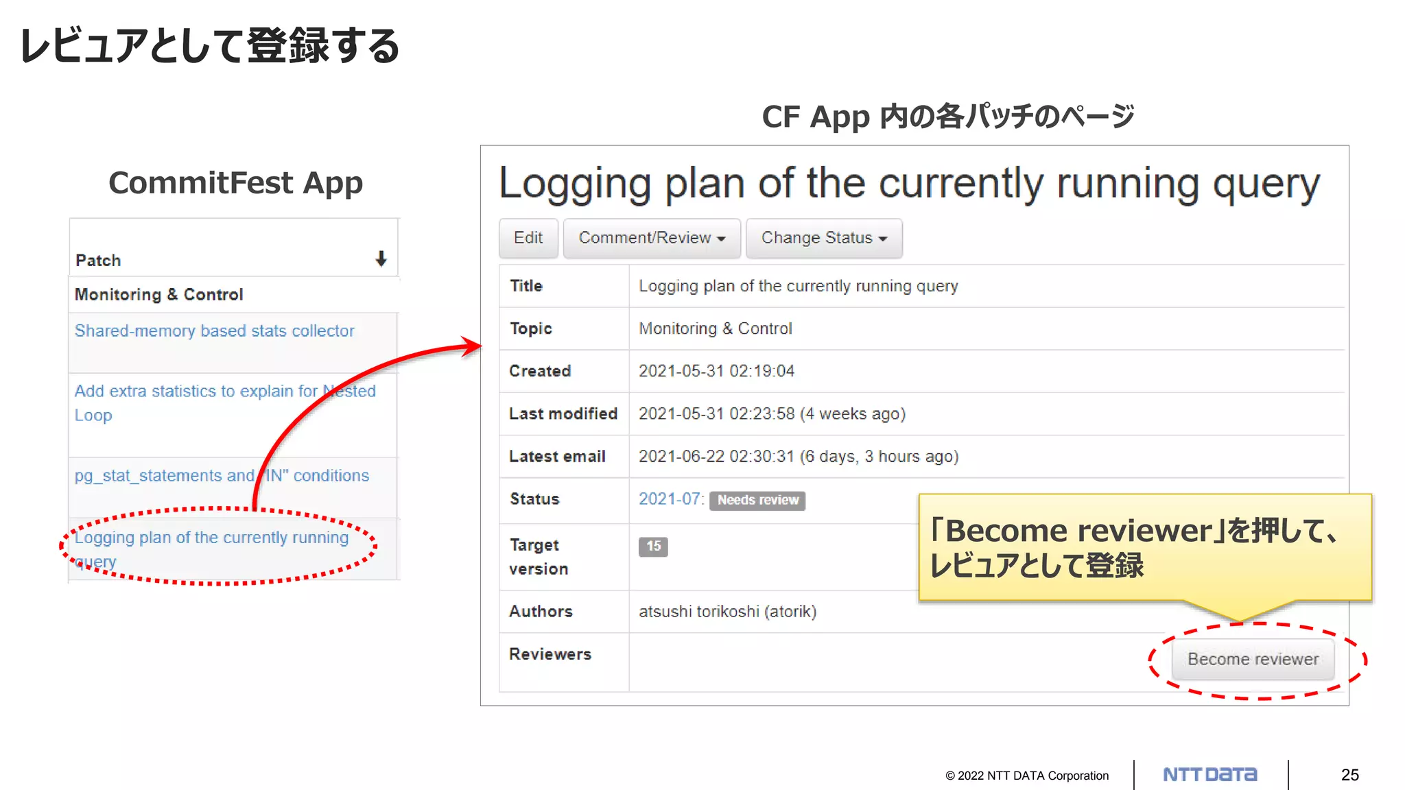 © 2022 NTT DATA Corporation 25
レビュアとして登録する
CommitFest App
「Become reviewer」を押して、
レビュアとして登録
CF App 内の各パッチのページ
 