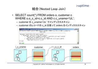 結合（Nested Loop Join）
• SELECT count(*) FROM orders o, customer c
  WHERE o.o_c_id=c.c_id AND c.c_uname=‘UL’;
  – customer を c_uname=‘UL’ でインデックススキャン
  – customer のレコードの c_id を使って orders をインデックススキャン




  i_c_uname     customer                            i_o_c_id                 orders




              Copyright 2011 Uptime Technologies LLC, All rights reserved.            28
 