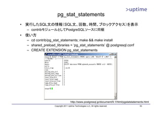 pg_stat_statements
•   実行したSQL文の情報（SQL文、回数、時間、ブロックアクセス）を表示
    – contribモジュールとしてPostgreSQLソースに同梱
•   使い方
    – cd contrib/pg_stat_statements; make && make install
    – shared_preload_libraries = ‘pg_stat_statements’ @ postgresql.conf
    – CREATE EXTENSION pg_stat_statements




                                       http://www.postgresql.jp/document/9.1/html/pgstatstatements.html
                     Copyright 2011 Uptime Technologies LLC, All rights reserved.              53
 