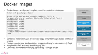 Docker Images
• Docker Images are layered templates used by containers instances
• Container instance images are layered Copy on Write Images based on Docker
images
• You can mutate your local container images (unless you use --read-only flag)
• Not good for fast and frequent changing data
• Can select a different underlying type using --storage-driver
docker push jkshah/nginx:latest
Do you really want to push to public registry? [y/n]: y
The push refers to a repository [docker.io/jkshah/nginx] (len: 1)
d498b5680966: Pushed
4b1d16518ce1: Pushed
3185bef36db4: Pushed
2f7013eef4b8: Pushed
539eca37bade: Pushed
f1b10cd84249: Pushed
latest: digest:
sha256:46208d1f0393946b33c2bdce498168de507b7186a897f332bab0cffc1ea601c7 size:
10608
 