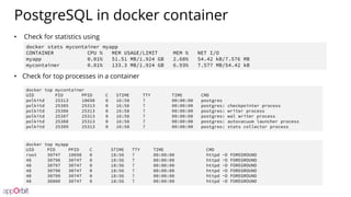 PostgreSQL in docker container
• Check for statistics using
• Check for top processes in a container
docker stats mycontainer myapp
CONTAINER CPU % MEM USAGE/LIMIT MEM % NET I/O
myapp 0.01% 51.51 MB/1.924 GB 2.68% 54.42 kB/7.576 MB
mycontainer 0.01% 133.3 MB/1.924 GB 6.93% 7.577 MB/54.42 kB
docker top mycontainer
UID PID PPID C STIME TTY TIME CMD
polkitd 25313 10698 0 16:58 ? 00:00:00 postgres
polkitd 25385 25313 0 16:58 ? 00:00:00 postgres: checkpointer process
polkitd 25386 25313 0 16:58 ? 00:00:00 postgres: writer process
polkitd 25387 25313 0 16:58 ? 00:00:00 postgres: wal writer process
polkitd 25388 25313 0 16:58 ? 00:00:00 postgres: autovacuum launcher process
polkitd 25389 25313 0 16:58 ? 00:00:00 postgres: stats collector process
docker top myapp
UID PID PPID C STIME TTY TIME CMD
root 30747 10698 0 18:56 ? 00:00:00 httpd -D FOREGROUND
48 30796 30747 0 18:56 ? 00:00:00 httpd -D FOREGROUND
48 30797 30747 0 18:56 ? 00:00:00 httpd -D FOREGROUND
48 30798 30747 0 18:56 ? 00:00:00 httpd -D FOREGROUND
48 30799 30747 0 18:56 ? 00:00:00 httpd -D FOREGROUND
48 30800 30747 0 18:56 ? 00:00:00 httpd -D FOREGROUND
 