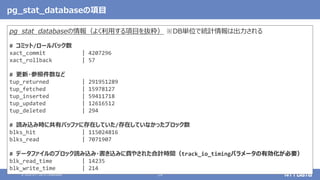 © 2020 NTT DATA Corporation 14
pg_stat_databaseの項目
pg_stat_databaseの情報（よく利用する項目を抜粋） ※DB単位で統計情報は出力される
# コミット/ロールバック数
xact_commit | 4207296
xact_rollback | 57
# 更新・参照件数など
tup_returned | 291951289
tup_fetched | 15978127
tup_inserted | 59411718
tup_updated | 12616512
tup_deleted | 294
# 読み込み時に共有バッファに存在していた/存在していなかったブロック数
blks_hit | 115024816
blks_read | 7071907
# データファイルのブロック読み込み・書き込みに費やされた合計時間（track_io_timingパラメータの有効化が必要）
blk_read_time | 14235
blk_write_time | 214
 