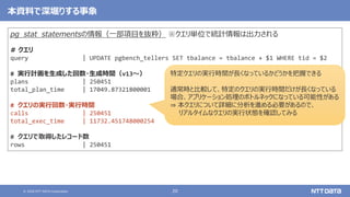 © 2020 NTT DATA Corporation 20
本資料で深堀りする事象
pg_stat_statementsの情報（一部項目を抜粋） ※クエリ単位で統計情報は出力される
# クエリ
query | UPDATE pgbench_tellers SET tbalance = tbalance + $1 WHERE tid = $2
# 実行計画を生成した回数・生成時間（v13～）
plans | 250451
total_plan_time | 17049.87321800001
# クエリの実行回数・実行時間
calls | 250451
total_exec_time | 11732.451748000254
# クエリで取得したレコード数
rows | 250451
特定クエリの実行時間が長くなっているかどうかを把握できる
通常時と比較して、特定のクエリの実行時間だけが長くなっている
場合、アプリケーション処理のボトルネックになっている可能性がある
⇒ 本クエリについて詳細に分析を進める必要があるので、
リアルタイムなクエリの実行状態を確認してみる
 