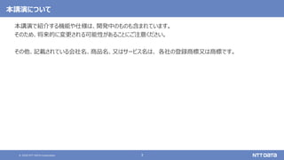 © 2020 NTT DATA Corporation 3
本講演について
本講演で紹介する機能や仕様は、開発中のものも含まれています。
そのため、将来的に変更される可能性があることにご注意ください。
その他、記載されている会社名、商品名、又はサービス名は、 各社の登録商標又は商標です。
 
