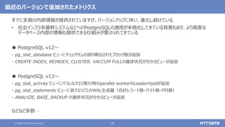 © 2020 NTT DATA Corporation 32
最近のバージョンで追加されたメトリクス
すでに多数の内部情報が提供されていますが、バージョンアップに伴い、進化し続けている
• 社会インフラ系基幹システムなどへのPostgreSQLの適用が本格化してきている背景もあり、より高度な
データベース内部の情報も提供できる仕組みが整えられてきている
■ PostgreSQL v12～
・ pg_stat_database ビューにチェックサムの誤り検出されたブロック数が追加
・ CREATE INDEX, REINDEX, CLUSTER, VACCUM FULLの進捗状況が分かるビューが追加
■ PostgreSQL v13～
・ pg_stat_activity ビューにパラレルクエリ実行時のparallel workerのLeaderのpidが追加
・ pg_stat_statements ビューに各クエリごとのWAL生成量（合計レコード数・バイト数・FPI数）
・ ANALYZE, BASE_BACKUP の進捗状況が分かるビューが追加
などなど多数…
 