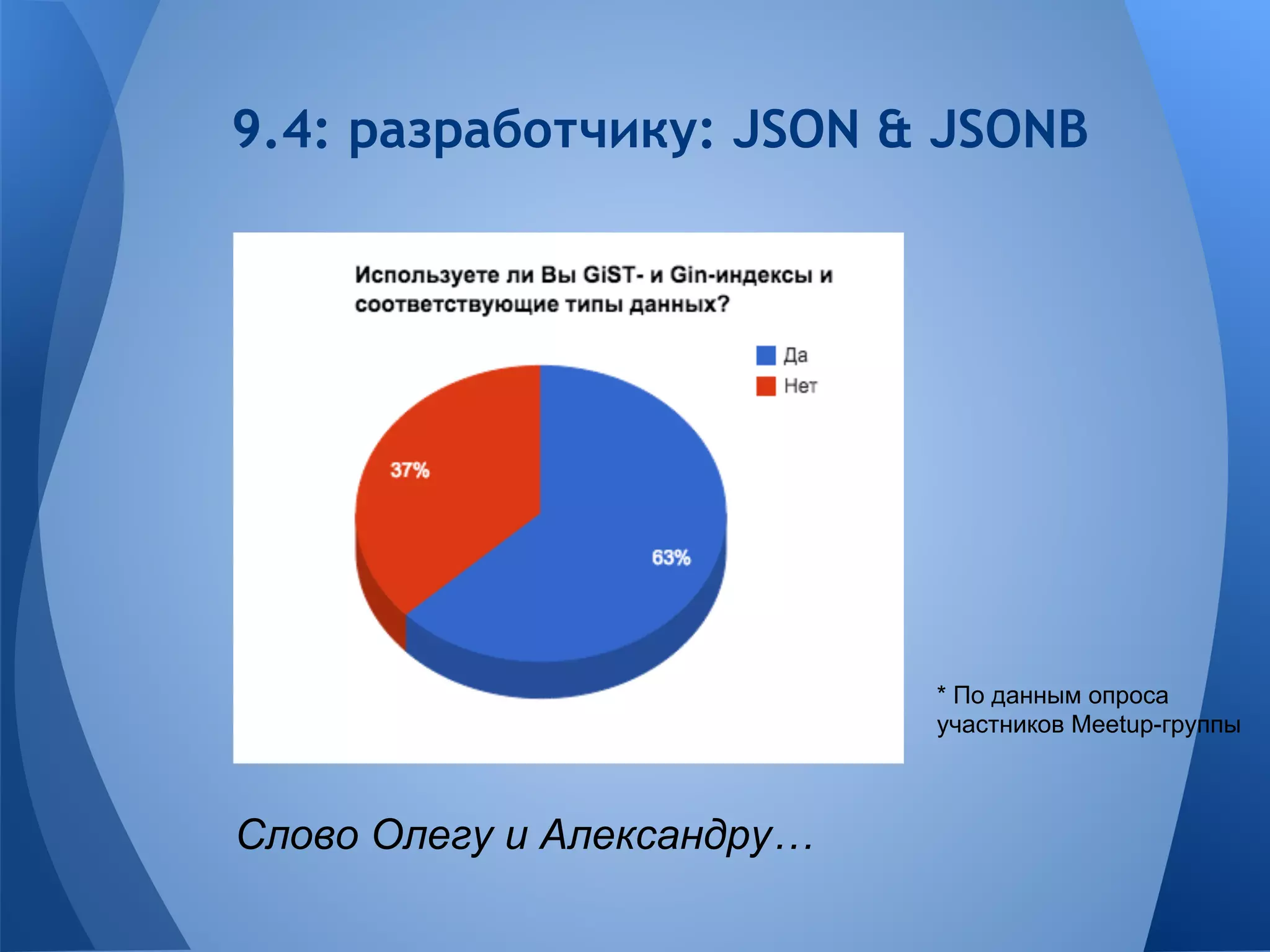 9.4: разработчику: JSON & JSONB 
* По данным опроса 
участников Meetup-группы 
Слово Олегу и Александру… 
 