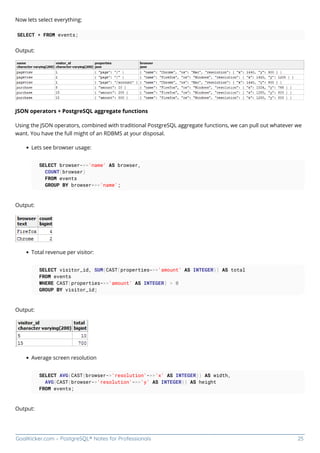 GoalKicker.com – PostgreSQL® Notes for Professionals 25
Now lets select everything:
SELECT * FROM events;
Output:
JSON operators + PostgreSQL aggregate functions
Using the JSON operators, combined with traditional PostgreSQL aggregate functions, we can pull out whatever we
want. You have the full might of an RDBMS at your disposal.
Lets see browser usage:
SELECT browser->>'name' AS browser,
COUNT(browser)
FROM events
GROUP BY browser->>'name';
Output:
Total revenue per visitor:
SELECT visitor_id, SUM(CAST(properties->>'amount' AS INTEGER)) AS total
FROM events
WHERE CAST(properties->>'amount' AS INTEGER) > 0
GROUP BY visitor_id;
Output:
Average screen resolution
SELECT AVG(CAST(browser->'resolution'->>'x' AS INTEGER)) AS width,
AVG(CAST(browser->'resolution'->>'y' AS INTEGER)) AS height
FROM events;
Output:
 