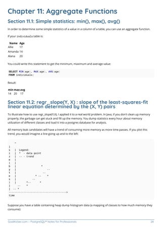 GoalKicker.com – PostgreSQL® Notes for Professionals 28
Chapter 11: Aggregate Functions
Section 11.1: Simple statistics: min(), max(), avg()
In order to determine some simple statistics of a value in a column of a table, you can use an aggregate function.
If your individuals table is:
Name Age
Allie 17
Amanda 14
Alana 20
You could write this statement to get the minimum, maximum and average value:
SELECT MIN(age), MAX(age), AVG(age)
FROM individuals;
Result:
min max avg
14 20 17
Section 11.2: regr_slope(Y, X) : slope of the least-squares-ﬁt
linear equation determined by the (X, Y) pairs
To illustrate how to use regr_slope(Y,X), I applied it to a real world problem. In Java, if you don't clean up memory
properly, the garbage can get stuck and ﬁll up the memory. You dump statistics every hour about memory
utilization of diﬀerent classes and load it into a postgres database for analysis.
All memory leak candidates will have a trend of consuming more memory as more time passes. If you plot this
trend, you would imagine a line going up and to the left:
^
|
s | Legend:
i | * - data point
z | -- - trend
e |
( |
b | *
y | --
t | --
e | * -- *
s | --
) | *-- *
| -- *
| -- *
--------------------------------------->
time
Suppose you have a table containing heap dump histogram data (a mapping of classes to how much memory they
consume):
 