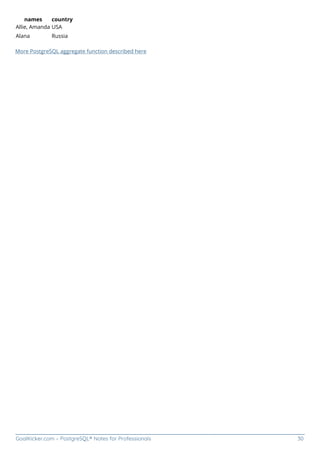 GoalKicker.com – PostgreSQL® Notes for Professionals 30
names country
Allie, Amanda USA
Alana Russia
More PostgreSQL aggregate function described here
 