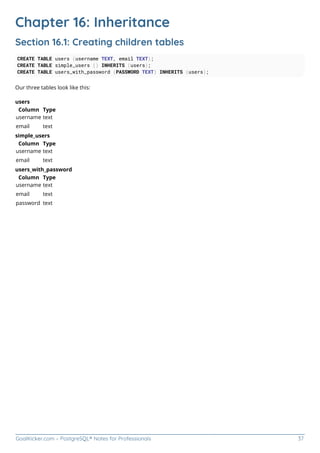 GoalKicker.com – PostgreSQL® Notes for Professionals 37
Chapter 16: Inheritance
Section 16.1: Creating children tables
CREATE TABLE users (username TEXT, email TEXT);
CREATE TABLE simple_users () INHERITS (users);
CREATE TABLE users_with_password (PASSWORD TEXT) INHERITS (users);
Our three tables look like this:
users
Column Type
username text
email text
simple_users
Column Type
username text
email text
users_with_password
Column Type
username text
email text
password text
 