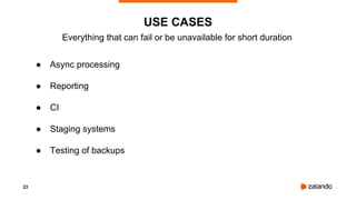 23
● Async processing
● Reporting
● CI
● Staging systems
● Testing of backups
USE CASES
Everything that can fail or be unavailable for short duration
 