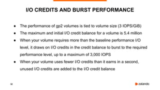 32
I/O CREDITS AND BURST PERFORMANCE
● The performance of gp2 volumes is tied to volume size (3 IOPS/GiB)
● The maximum and initial I/O credit balance for a volume is 5.4 million
● When your volume requires more than the baseline performance I/O
level, it draws on I/O credits in the credit balance to burst to the required
performance level, up to a maximum of 3,000 IOPS
● When your volume uses fewer I/O credits than it earns in a second,
unused I/O credits are added to the I/O credit balance
 