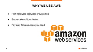 4
WHY WE USE AWS
● Fast hardware (service) provisioning
● Easy scale up/down/in/out
● Pay only for resources you need
 