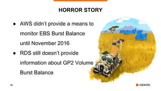 42
HORROR STORY
● AWS didn’t provide a means to
monitor EBS Burst Balance
until November 2016
● RDS still doesn’t provide
information about GP2 Volume
Burst Balance
 