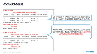 © 2024 NTT DATA GROUP Corporation 10
インデックスの作成
=# ¥d+ pt_pkey
Partitioned index "public.pt_pkey"
Column | Type | Key? | Definition | Storage | Stats target
--------+---------+------+------------+---------+--------------
c1 | integer | yes | c1 | plain |
c2 | integer | yes | c2 | plain |
primary key, btree, for table "public.pt"
Partitions: pt1_pkey,
pt2_pkey
Access method: btree
=# ¥d+ pt_uniq_idx
Partitioned index "public.pt_uniq_idx"
Column | Type | Key? | Definition | Storage | Stats target
--------+---------+------+------------+---------+--------------
c2 | integer | yes | c2 | plain |
unique, btree, for table "public.pt"
Partitions: pt1_c2_idx,
pt2_uniq_idx
Access method: btree
パーティションテーブルに付与されているインデックスも
パーティションテーブルと同様、仮想的なインデックス。
ATTACH時に、パーティションインデックスと同じものが
なければ作成し、既にあれば内部的にはインデックスの
ATTACHと同じことが実施される。
 