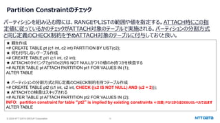 © 2024 NTT DATA GROUP Corporation 12
Partition Constraintのチェック
パーティションを組み込む際には、RANGEやLISTの範囲や値を指定する。ATTACH時にこの指
定値に従っているかのチェックがATTACH対象のテーブルで実施される。パーティションの分割方式
と同じ定義のCHECK制約を予めATTACH対象のテーブルに付与しておくと良い。
★ 親を作成
=# CREATE TABLE pt (c1 int, c2 int) PARTITION BY LIST(c2);
★ 何も付与しないテーブル作成
=# CREATE TABLE pt1 (c1 int, c2 int);
★ ATTACHのタイミングでpt1のc2がIS NOT NULLかつ1の値のみ持つかを検査する
=# ALTER TABLE pt ATTACH PARTITION pt1 FOR VALUES IN (1);
ALTER TABLE
★ パーティションの分割方式と同じ定義のCHECK制約を持つテーブル作成
=# CREATE TABLE pt2 (c1 int, c2 int, CHECK ((c2 IS NOT NULL) AND (c2 = 2)));
★ ATTACHでの検査はスキップされる
=# ALTER TABLE pt ATTACH PARTITION pt2 FOR VALUES IN (2);
INFO: partition constraint for table “pt2” is implied by existing constraints 注意) PG12からはDEBUGレベルで出ます
ALTER TABLE
 