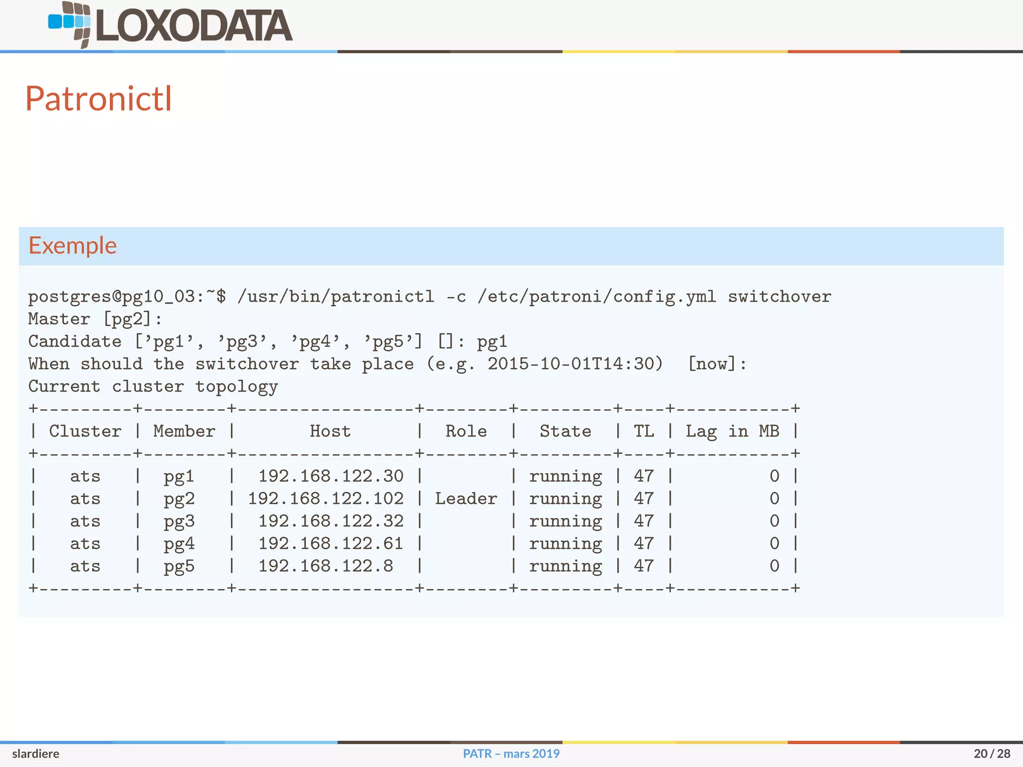 Patronictl
Exemple
postgres@pg10_03:~$ /usr/bin/patronictl -c /etc/patroni/config.yml switchover
Master [pg2]:
Candidate [’pg1’, ’pg3’, ’pg4’, ’pg5’] []: pg1
When should the switchover take place (e.g. 2015-10-01T14:30) [now]:
Current cluster topology
+---------+--------+-----------------+--------+---------+----+-----------+
| Cluster | Member | Host | Role | State | TL | Lag in MB |
+---------+--------+-----------------+--------+---------+----+-----------+
| ats | pg1 | 192.168.122.30 | | running | 47 | 0 |
| ats | pg2 | 192.168.122.102 | Leader | running | 47 | 0 |
| ats | pg3 | 192.168.122.32 | | running | 47 | 0 |
| ats | pg4 | 192.168.122.61 | | running | 47 | 0 |
| ats | pg5 | 192.168.122.8 | | running | 47 | 0 |
+---------+--------+-----------------+--------+---------+----+-----------+
slardiere PATR – mars 2019 20 / 28
 