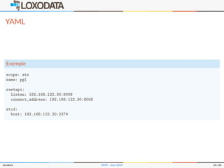 YAML
Exemple
scope: ats
name: pg1
restapi:
listen: 192.168.122.30:8008
connect_address: 192.168.122.30:8008
etcd:
host: 192.168.122.30:2379
slardiere PATR – mars 2019 10 / 28
 