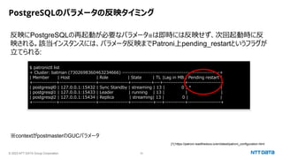 © 2023 NTT DATA Group Corporation 33
PostgreSQLのパラメータの反映タイミング
反映にPostgreSQLの再起動が必要なパラメータ※は即時には反映せず、次回起動時に反
映される。該当インスタンスには、パラメータ反映までPatroni上pending_restartというフラグが
立てられる:
※contextがpostmasterのGUCパラメータ
[1] https://patroni.readthedocs.io/en/latest/patroni_configuration.html
$ patronictl list
+ Cluster: batman (7302698360463234666) ------------------------------------------------------+
| Member | Host | Role | State | TL |Lag in MB | Pending restart |
+-------------+--------------------+----------------+-----------+---+------------+------------------+
| postgresql0 | 127.0.0.1:15432 | Sync Standby | streaming | 13 | 0 | * |
| postgresql1 | 127.0.0.1:15433 | Leader | running | 13 | | |
| postgresql2 | 127.0.0.1:15434 | Replica | streaming| 13 | 0 | |
+-------------+--------------------+----------------+------------+---+-----------+------------------+
 
