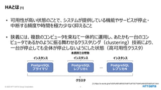 © 2023 NTT DATA Group Corporation 6
HAとは [1]
• 可用性が高い状態のことで、システムが提供している機能やサービスが停止・
中断する頻度や時間を極力少なく抑えること
• 狭義には、複数のコンピュータを束ねて一体的に運用し、あたかも一台のコン
ピュータであるかのように振る舞わせるクラスタリング（clustering）技術により、
一台が停止しても全体が停止しないようにした状態（高可用性クラスタ）
PostgreSQL
プライマリ
PostgreSQL
レプリカ1
PostgreSQL
レプリカN
[1] https://e-words.jp/w/%E9%AB%98%E5%8F%AF%E7%94%A8%E6%80%A7.html
クラスタ
…
本資料での呼称
インスタンス インスタンス インスタンス
 