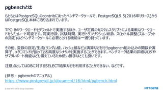 © 2025 NTT DATA Group Corporation 4
pgbenchとは
もともとはPostgreSQLのcontribにあったベンチマークツールで、PostgreSQL9.5(2016年リリース)から
はPostgreSQL本体に取り込まれています。
TPC-Bのワークロードをデフォルトで実施するほか、ユーザ定義のカスタムスクリプトによる柔軟なワークロー
ドをシミュレート可能です。同実行数、試験時間、実行トランザクション総数、スロットル調整(スループット
の指定)などベンチマークツールに必要とされる機能は一通り持っています。
その他、変数の設定/生成(ランダム値、ハッシュ値など)/演算などを行うpgbench組み込みの関数や演
算子、メタコマンドが揃っており高度なシナリオを実施することができます。ベンチマーク結果の詳細なログや
サマリレポート機能なども備えているため使い勝手はとても良いです。
注意点としてはDBに対するSELECT結果などを利用することができない、などです。
(参考：pgbenchのマニュアル)
https://www.postgresql.jp/document/16/html/pgbench.html
 