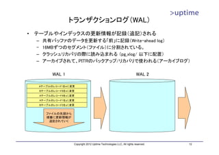トランザクションログ（WAL）
•   テーブルやインデックスの更新情報が記録（追記）される
    –    共有バッファのデータを更新する「前」に記録（Write-ahead log）
    –    16MBずつのセグメント（ファイル）に分割されている。
    –    クラッシュリカバリの際に読み込まれる （pg_xlog/ 以下に配置）
    –    アーカイブされて、PITRのバックアップ/リカバリで使われる（アーカイブログ）

             WAL 1                                                         WAL 2

     Aテーブルのレコード1をmに変更
        Bテーブルのレコード6をnに変更
        Aテーブルのレコード4をxに変更
        Aテーブルのレコード1をyに変更
        Bテーブルのレコード2をzに変更


           ファイルの先頭から
           順番に更新情報が
            追記されていく




                       Copyright 2012 Uptime Technologies LLC, All rights reserved.   12
 