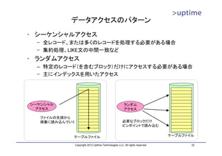 データアクセスのパターン
• シーケンシャルアクセス
  – 全レコード、または多くのレコードを処理する必要がある場合
  – 集約処理、LIKE文の中間一致など
• ランダムアクセス
  – 特定のレコード（を含むブロック）だけにアクセスする必要がある場合
  – 主にインデックスを用いたアクセス




シーケンシャル                                                 ランダム
  アクセス                                                  アクセス

   ファイルの先頭から
   順番に読み込んでいく                                          必要なブロックだけ
                                                       ピンポイントで読み込む


            テーブルファイル                                                           テーブルファイル

                Copyright 2012 Uptime Technologies LLC, All rights reserved.          22
 