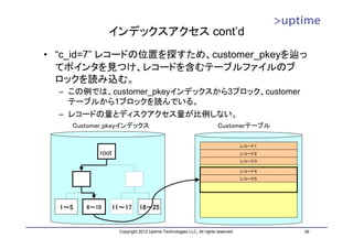 インデックスアクセス cont’d
• “c_id=7” レコードの位置を探すため、customer_pkeyを辿っ
  てポインタを見つけ、レコードを含むテーブルファイルのブ
  ロックを読み込む。
  – この例では、customer_pkeyインデックスから3ブロック、customer
    テーブルから1ブロックを読んでいる。
  – レコードの量とディスクアクセス量が比例しない。
    Customer_pkeyインデックス                                               Customerテーブル

                                                                                  レコード１
           root                                                                   レコード２
                                                                                  レコード３

                                                                                  レコード４
                                                                                  レコード５




  1～5   6～10      11～17      18～25


                   Copyright 2012 Uptime Technologies LLC, All rights reserved.           26
 