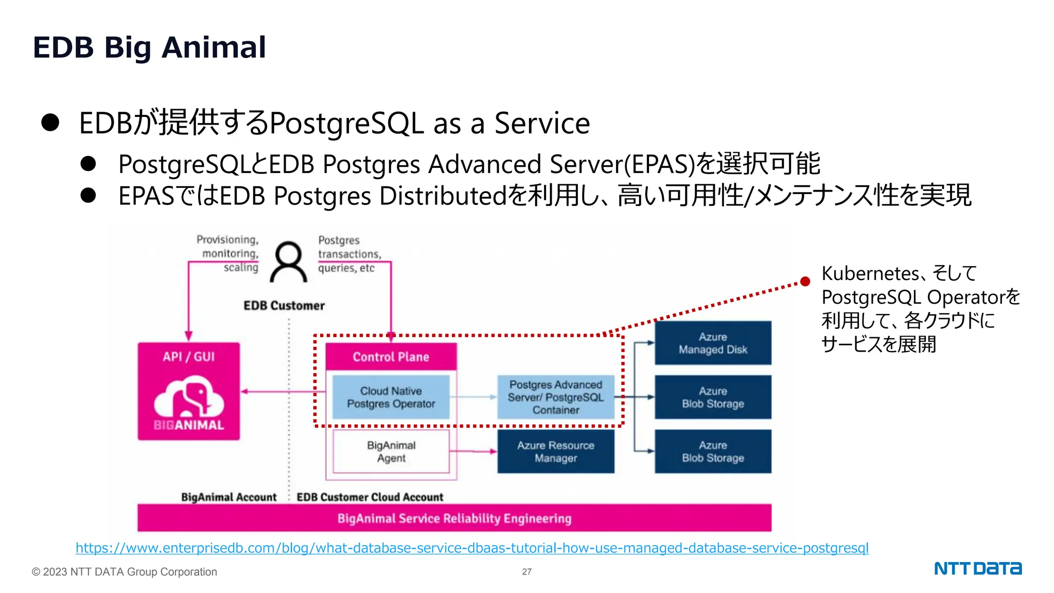© 2023 NTT DATA Group Corporation 27
EDB Big Animal
⚫ EDBが提供するPostgreSQL as a Service
⚫ PostgreSQLとEDB Postgres Advanced Server(EPAS)を選択可能
⚫ EPASではEDB Postgres Distributedを利用し、高い可用性/メンテナンス性を実現
https://www.enterprisedb.com/blog/what-database-service-dbaas-tutorial-how-use-managed-database-service-postgresql
Kubernetes、そして
PostgreSQL Operatorを
利用して、各クラウドに
サービスを展開
 
