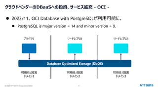 © 2023 NTT DATA Group Corporation 21
クラウドベンダーのDBaaSへの投資、サービス拡充 - OCI -
⚫ 2023/11、OCI Database with PostgreSQLが利用可能に。
⚫ PostgreSQL is major version = 14 and minor version = 9.
プライマリ リードレプリカ リードレプリカ
可用性/障害
ドメイン1
可用性/障害
ドメイン2
可用性/障害
ドメイン3
Database Optimized Storage (DbOS)
 