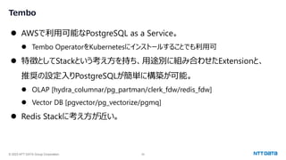 © 2023 NTT DATA Group Corporation 29
Tembo
⚫ AWSで利用可能なPostgreSQL as a Service。
⚫ Tembo OperatorをKubernetesにインストールすることでも利用可
⚫ 特徴としてStackという考え方を持ち、用途別に組み合わせたExtensionと、
推奨の設定入りPostgreSQLが簡単に構築が可能。
⚫ OLAP [hydra_columnar/pg_partman/clerk_fdw/redis_fdw]
⚫ Vector DB [pgvector/pg_vectorize/pgmq]
⚫ Redis Stackに考え方が近い。
 