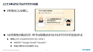 © 2023 NTT DATA Group Corporation 32
ここで3年ぶりにマルチクラウドの話
⚫ 3年前はこんな感じ。
⚫ ↑は可用性の視点だが、昨今は別視点からもマルチクラウドが注目される
⚫ 開発したサービスはどのクラウドにリリースする？
⚫ AWSだけ？Google Cloudも？Azureは？
⚫ 収益に関わる大きな選択になる。
 