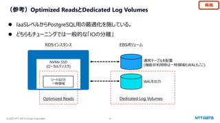 © 2023 NTT DATA Group Corporation 38
（参考）Optimized ReadsとDedicated Log Volumes
⚫ IaaSレベルからPostgreSQL用の最適化を施している。
⚫ どちらもチューニングでは一般的な「IOの分離」
NVMe SSD
(ローカルディスク)
RDSインスタンス EBSボリューム
通常テーブルを配置
(機能非利用時は一時領域もWALもここ)
WALを出力
ソートなどの
一時領域
Optimized Reads Dedicated Log Volumes
再掲
 
