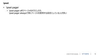 © 2022 NTT DATA Corporation 14
pset
• pset pager
• pset pager offでページャをオフにしたり、
pset pager alwaysで常にページャを使用する設定にしている人が多い
 