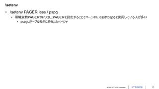 © 2022 NTT DATA Corporation 17
setenv
• setenv PAGER less / pspg
• 環境変数PAGERやPSQL_PAGERを設定することでページャにlessやpspgを使用している人が多い
• pspgはテーブル表示に特化したページャ
 