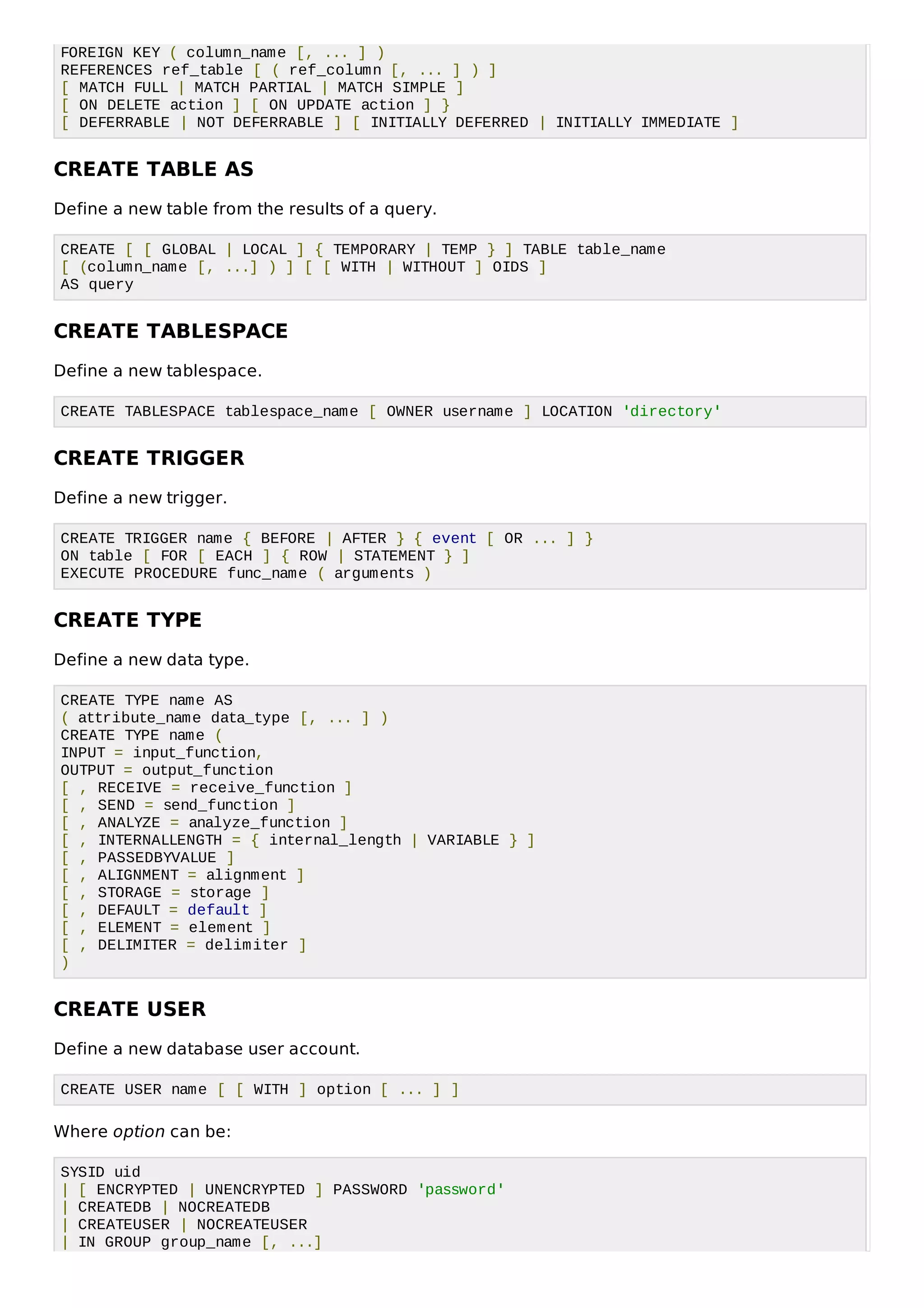 FOREIGN KEY ( column_name [, ... ] )
REFERENCES ref_table [ ( ref_column [, ... ] ) ]
[ MATCH FULL | MATCH PARTIAL | MATCH SIMPLE ]
[ ON DELETE action ] [ ON UPDATE action ] }
[ DEFERRABLE | NOT DEFERRABLE ] [ INITIALLY DEFERRED | INITIALLY IMMEDIATE ]
CREATE TABLE AS
Define a new table from the results of a query.
CREATE [ [ GLOBAL | LOCAL ] { TEMPORARY | TEMP } ] TABLE table_name
[ (column_name [, ...] ) ] [ [ WITH | WITHOUT ] OIDS ]
AS query
CREATE TABLESPACE
Define a new tablespace.
CREATE TABLESPACE tablespace_name [ OWNER username ] LOCATION 'directory'
CREATE TRIGGER
Define a new trigger.
CREATE TRIGGER name { BEFORE | AFTER } { event [ OR ... ] }
ON table [ FOR [ EACH ] { ROW | STATEMENT } ]
EXECUTE PROCEDURE func_name ( arguments )
CREATE TYPE
Define a new data type.
CREATE TYPE name AS
( attribute_name data_type [, ... ] )
CREATE TYPE name (
INPUT = input_function,
OUTPUT = output_function
[ , RECEIVE = receive_function ]
[ , SEND = send_function ]
[ , ANALYZE = analyze_function ]
[ , INTERNALLENGTH = { internal_length | VARIABLE } ]
[ , PASSEDBYVALUE ]
[ , ALIGNMENT = alignment ]
[ , STORAGE = storage ]
[ , DEFAULT = default ]
[ , ELEMENT = element ]
[ , DELIMITER = delimiter ]
)
CREATE USER
Define a new database user account.
CREATE USER name [ [ WITH ] option [ ... ] ]
Where option can be:
SYSID uid
| [ ENCRYPTED | UNENCRYPTED ] PASSWORD 'password'
| CREATEDB | NOCREATEDB
| CREATEUSER | NOCREATEUSER
| IN GROUP group_name [, ...]
 