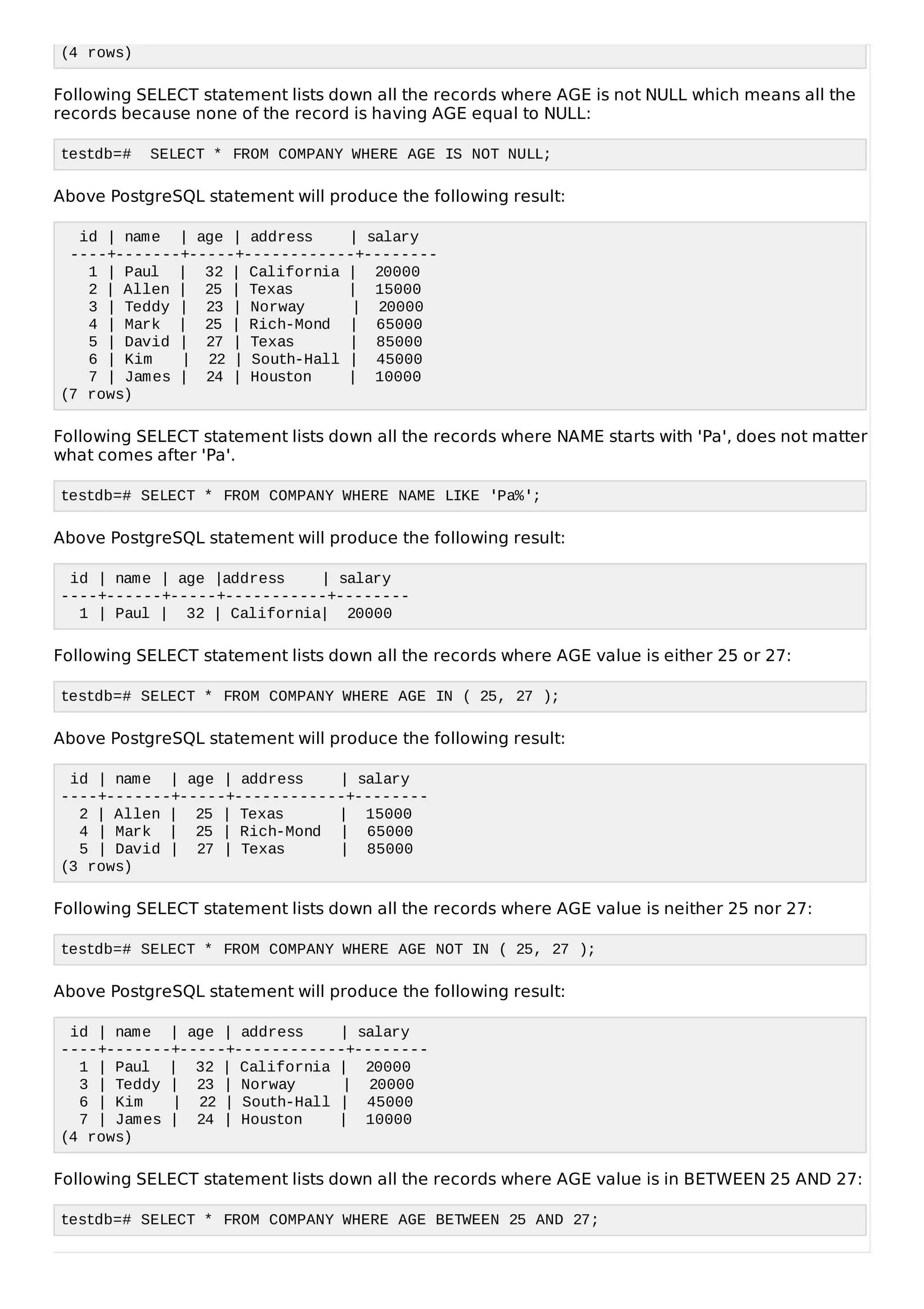(4 rows)
Following SELECT statement lists down all the records where AGE is not NULL which means all the
records because none of the record is having AGE equal to NULL:
testdb=# SELECT * FROM COMPANY WHERE AGE IS NOT NULL;
Above PostgreSQL statement will produce the following result:
id | name | age | address | salary
----+-------+-----+------------+--------
1 | Paul | 32 | California | 20000
2 | Allen | 25 | Texas | 15000
3 | Teddy | 23 | Norway | 20000
4 | Mark | 25 | Rich-Mond | 65000
5 | David | 27 | Texas | 85000
6 | Kim | 22 | South-Hall | 45000
7 | James | 24 | Houston | 10000
(7 rows)
Following SELECT statement lists down all the records where NAME starts with 'Pa', does not matter
what comes after 'Pa'.
testdb=# SELECT * FROM COMPANY WHERE NAME LIKE 'Pa%';
Above PostgreSQL statement will produce the following result:
id | name | age |address | salary
----+------+-----+-----------+--------
1 | Paul | 32 | California| 20000
Following SELECT statement lists down all the records where AGE value is either 25 or 27:
testdb=# SELECT * FROM COMPANY WHERE AGE IN ( 25, 27 );
Above PostgreSQL statement will produce the following result:
id | name | age | address | salary
----+-------+-----+------------+--------
2 | Allen | 25 | Texas | 15000
4 | Mark | 25 | Rich-Mond | 65000
5 | David | 27 | Texas | 85000
(3 rows)
Following SELECT statement lists down all the records where AGE value is neither 25 nor 27:
testdb=# SELECT * FROM COMPANY WHERE AGE NOT IN ( 25, 27 );
Above PostgreSQL statement will produce the following result:
id | name | age | address | salary
----+-------+-----+------------+--------
1 | Paul | 32 | California | 20000
3 | Teddy | 23 | Norway | 20000
6 | Kim | 22 | South-Hall | 45000
7 | James | 24 | Houston | 10000
(4 rows)
Following SELECT statement lists down all the records where AGE value is in BETWEEN 25 AND 27:
testdb=# SELECT * FROM COMPANY WHERE AGE BETWEEN 25 AND 27;
 