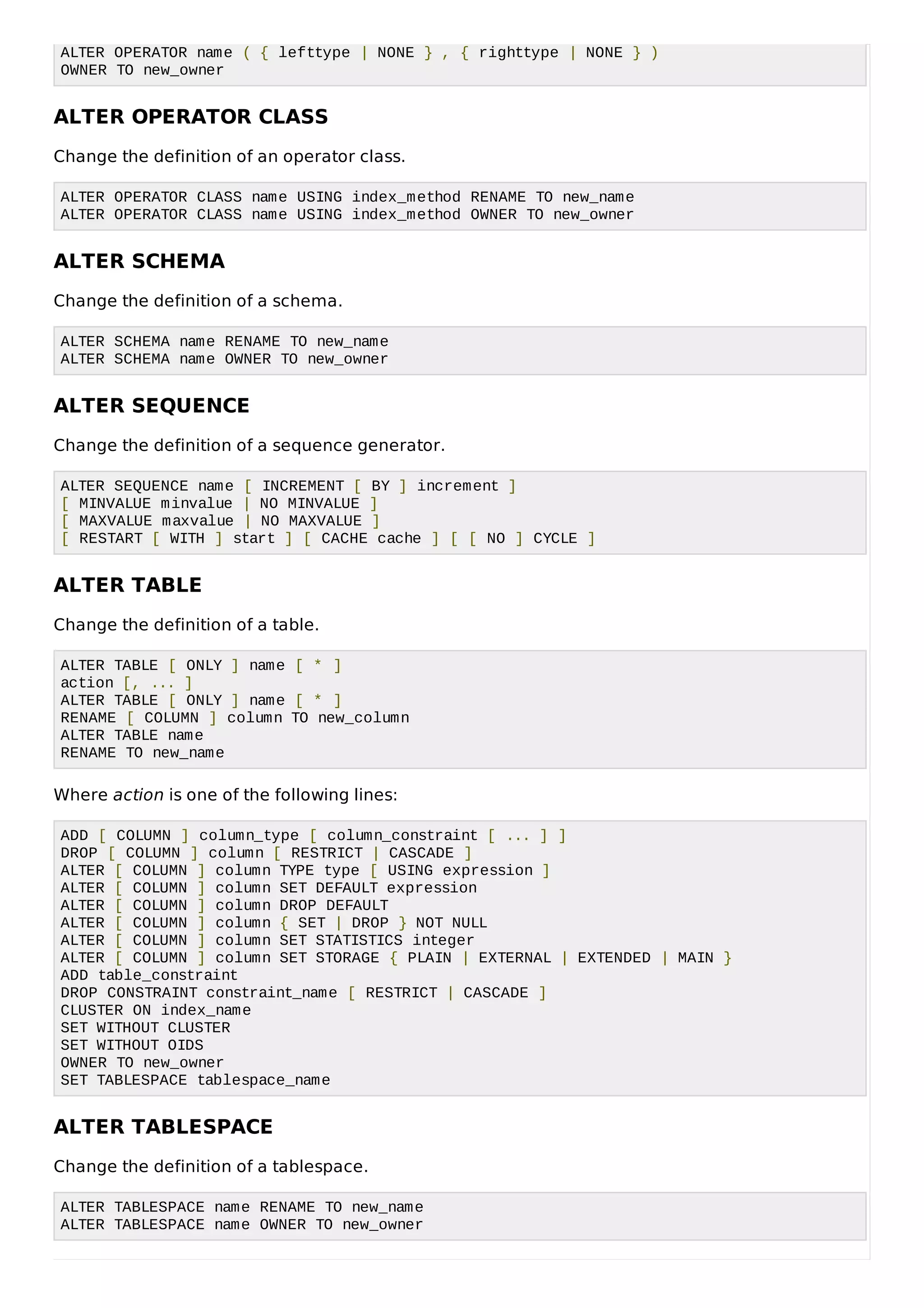 ALTER OPERATOR name ( { lefttype | NONE } , { righttype | NONE } )
OWNER TO new_owner
ALTER OPERATOR CLASS
Change the definition of an operator class.
ALTER OPERATOR CLASS name USING index_method RENAME TO new_name
ALTER OPERATOR CLASS name USING index_method OWNER TO new_owner
ALTER SCHEMA
Change the definition of a schema.
ALTER SCHEMA name RENAME TO new_name
ALTER SCHEMA name OWNER TO new_owner
ALTER SEQUENCE
Change the definition of a sequence generator.
ALTER SEQUENCE name [ INCREMENT [ BY ] increment ]
[ MINVALUE minvalue | NO MINVALUE ]
[ MAXVALUE maxvalue | NO MAXVALUE ]
[ RESTART [ WITH ] start ] [ CACHE cache ] [ [ NO ] CYCLE ]
ALTER TABLE
Change the definition of a table.
ALTER TABLE [ ONLY ] name [ * ]
action [, ... ]
ALTER TABLE [ ONLY ] name [ * ]
RENAME [ COLUMN ] column TO new_column
ALTER TABLE name
RENAME TO new_name
Where action is one of the following lines:
ADD [ COLUMN ] column_type [ column_constraint [ ... ] ]
DROP [ COLUMN ] column [ RESTRICT | CASCADE ]
ALTER [ COLUMN ] column TYPE type [ USING expression ]
ALTER [ COLUMN ] column SET DEFAULT expression
ALTER [ COLUMN ] column DROP DEFAULT
ALTER [ COLUMN ] column { SET | DROP } NOT NULL
ALTER [ COLUMN ] column SET STATISTICS integer
ALTER [ COLUMN ] column SET STORAGE { PLAIN | EXTERNAL | EXTENDED | MAIN }
ADD table_constraint
DROP CONSTRAINT constraint_name [ RESTRICT | CASCADE ]
CLUSTER ON index_name
SET WITHOUT CLUSTER
SET WITHOUT OIDS
OWNER TO new_owner
SET TABLESPACE tablespace_name
ALTER TABLESPACE
Change the definition of a tablespace.
ALTER TABLESPACE name RENAME TO new_name
ALTER TABLESPACE name OWNER TO new_owner
 