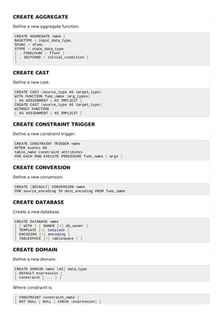CREATE AGGREGATE
Define a new aggregate function.
CREATE AGGREGATE name (
BASETYPE = input_data_type,
SFUNC = sfunc,
STYPE = state_data_type
[ , FINALFUNC = ffunc ]
[ , INITCOND = initial_condition ]
)
CREATE CAST
Define a new cast.
CREATE CAST (source_type AS target_type)
WITH FUNCTION func_name (arg_types)
[ AS ASSIGNMENT | AS IMPLICIT ]
CREATE CAST (source_type AS target_type)
WITHOUT FUNCTION
[ AS ASSIGNMENT | AS IMPLICIT ]
CREATE CONSTRAINT TRIGGER
Define a new constraint trigger.
CREATE CONSTRAINT TRIGGER name
AFTER events ON
table_name constraint attributes
FOR EACH ROW EXECUTE PROCEDURE func_name ( args )
CREATE CONVERSION
Define a new conversion.
CREATE [DEFAULT] CONVERSION name
FOR source_encoding TO dest_encoding FROM func_name
CREATE DATABASE
Create a new database.
CREATE DATABASE name
[ [ WITH ] [ OWNER [=] db_owner ]
[ TEMPLATE [=] template ]
[ ENCODING [=] encoding ]
[ TABLESPACE [=] tablespace ] ]
CREATE DOMAIN
Define a new domain.
CREATE DOMAIN name [AS] data_type
[ DEFAULT expression ]
[ constraint [ ... ] ]
Where constraint is:
[ CONSTRAINT constraint_name ]
{ NOT NULL | NULL | CHECK (expression) }
 