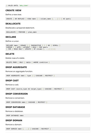 | VALID UNTIL 'abs_time'
CREATE VIEW
Define a new view.
CREATE [ OR REPLACE ] VIEW name [ ( column_name [, ...] ) ] AS query
DEALLOCATE
Deallocate a prepared statement.
DEALLOCATE [ PREPARE ] plan_name
DECLARE
Define a cursor.
DECLARE name [ BINARY ] [ INSENSITIVE ] [ [ NO ] SCROLL ]
CURSOR [ { WITH | WITHOUT } HOLD ] FOR query
[ FOR { READ ONLY | UPDATE [ OF column [, ...] ] } ]
DELETE
Delete rows of a table.
DELETE FROM [ ONLY ] table [ WHERE condition ]
DROP AGGREGATE
Remove an aggregate function.
DROP AGGREGATE name ( type ) [ CASCADE | RESTRICT ]
DROP CAST
Remove a cast.
DROP CAST (source_type AS target_type) [ CASCADE | RESTRICT ]
DROP CONVERSION
Remove a conversion.
DROP CONVERSION name [ CASCADE | RESTRICT ]
DROP DATABASE
Remove a database.
DROP DATABASE name
DROP DOMAIN
Remove a domain.
DROP DOMAIN name [, ...] [ CASCADE | RESTRICT ]
 
