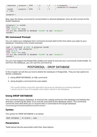 template1 | postgres | UTF8 | C | C | =c/postgres +
| | | | | postgres=CTc/postgres
testdb | postgres | UTF8 | C | C |
(4 rows)
postgres-#
Now, type the below command to connect/select a desired database, here we will connect to the
testdb database:
postgres=# c testdb;
psql (9.2.4)
Type "help" for help.
You are now connected to database "testdb" as user "postgres".
testdb=#
OS Command Prompt
You can select your database from command prompt itself at the time when you login to your
database. Following is the simple example:
psql -h localhost -p 5432 -U postgress testdb
Password for user postgress: ****
psql (9.2.4)
Type "help" for help.
You are now connected to database "testdb" as user "postgres".
testdb=#
You are now logged into PostgreSQL testdb and ready to execute your commands inside testdb. To
exit from the database, you can use the command q.
POSTGRESQL - DROP DATABASEPOSTGRESQL - DROP DATABASE
In this chapter we will discuss how to delete the database in PostgreSQL. They are two options to
delete a database:
1. Using DROP DATABASE, an SQL command.
2. Using dropdb a command-line executable.
Be careful before using this operation because by deleting an existing database
would result in loss of complete information stored in the database.
Using DROP DATABASE
This command drops a database. It removes the catalog entries for the database and deletes the
directory containing the data. It can only be executed by the database owner. This command
cannot be executed while you or anyone else is connected to the target database
connecttopostgresoranyotherdatabasetoissuethiscommand.
Syntax
The syntax for DROP DATABASE is as below:
DROP DATABASE [ IF EXISTS ] name
Parameters
Table below lists the parameters with their descriptions.
 