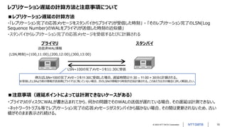 © 2023 NTT DATA Corporation 10
レプリケーション遅延の計算方法と注意事項について
■レプリケーション遅延の計算方法
・「レプリケーション完了の応答メッセージをスタンバイからプライマリが受信した時刻」 - 「そのレプリケーション完了のLSN(Log
Sequence Number)のWALをプライマリが送信した時刻の近似値」
・スタンバイからレプリケーション完了の応答メッセージを受信するたびに計算される
■注意事項（遅延ポイントによっては計測できないケースがある）
・プライマリのディスクにWALが書き込まれてから、何かの問題でそのWALの送信が遅れている場合、その遅延は計測できない。
・ネットワークトラブル等でレプリケーション完了の応答メッセージがスタンバイから届かない場合、その間は更新されないため、古い
値がそのまま表示され続ける。
プライマリ スタンバイ
送信済WAL情報
(LSN,時刻)=(100,11:00),(200,12:00),(300,13:00)
LSN=100の完了メッセージを11:30に受信
例えばLSN=100の完了メッセージを11:30に受信した場合、遅延時間は11:30 – 11:00 = 30分と計算される。
※受信したLSNより前の情報が送信側(プライマリ)に残っていない場合、次のLSNの情報から時刻が近似計算される。このあたりは次の機会に詳しく解説したい。
 