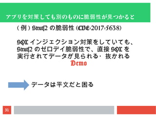 31
アプリを しても のものに が つかると対策 別 脆弱性 見
( 例 ) Struts2 の脆弱性 (CVE-2017-5638)
SQL インジェクション対策をしていても、
Struts2 のゼロデイ脆弱性で、直接 SQL を
実行されてデータが見られる・抜かれる
Demo
データは平文だと困る
 