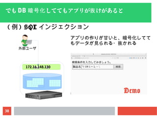 38
でも DB しててもアプリが けがあると暗号化 抜
外部ユーザ
( 例 ) SQL インジェクション
アプリの作りが甘いと、暗号化してて
もデータが見られる・抜かれる
172.16.148.130
Demo
 