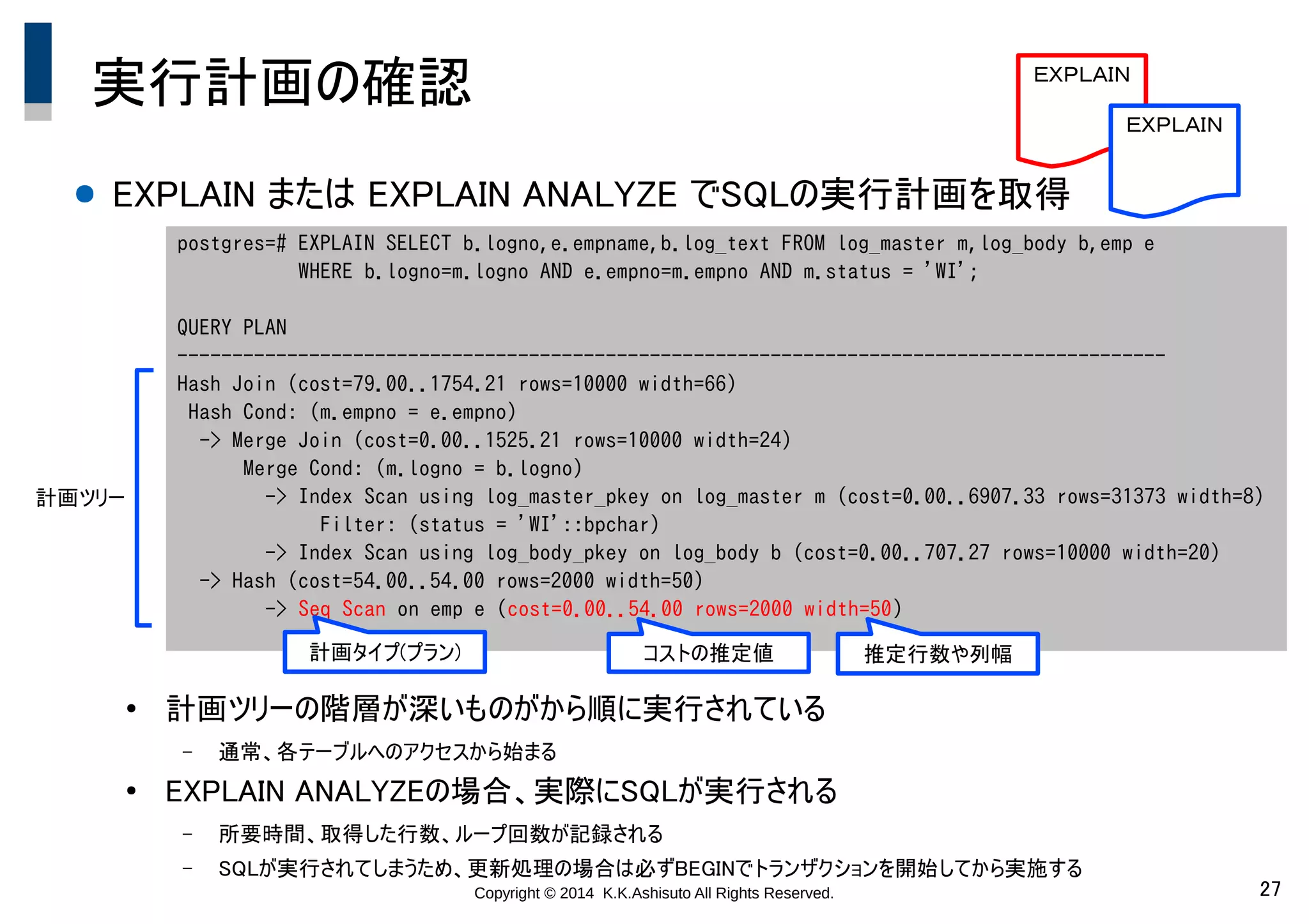 Copyright © 2014 K.K.Ashisuto All Rights Reserved. 27
実行計画の確認
● EXPLAIN または EXPLAIN ANALYZE でSQLの実行計画を取得
●
計画ツリーの階層が深いものがから順に実行されている
– 通常、各テーブルへのアクセスから始まる
●
EXPLAIN ANALYZEの場合、実際にSQLが実行される
– 所要時間、取得した行数、ループ回数が記録される
– SQLが実行されてしまうため、更新処理の場合は必ずBEGINでトランザクションを開始してから実施する
ＥＸＰＬＡＩＮ
ＥＸＰＬＡＩＮ
postgres=# EXPLAIN SELECT b.logno,e.empname,b.log_text FROM log_master m,log_body b,emp e
WHERE b.logno=m.logno AND e.empno=m.empno AND m.status = 'WI';
QUERY PLAN
------------------------------------------------------------------------------------------
Hash Join (cost=79.00..1754.21 rows=10000 width=66)
Hash Cond: (m.empno = e.empno)
-> Merge Join (cost=0.00..1525.21 rows=10000 width=24)
Merge Cond: (m.logno = b.logno)
-> Index Scan using log_master_pkey on log_master m (cost=0.00..6907.33 rows=31373 width=8)
Filter: (status = 'WI'::bpchar)
-> Index Scan using log_body_pkey on log_body b (cost=0.00..707.27 rows=10000 width=20)
-> Hash (cost=54.00..54.00 rows=2000 width=50)
-> Seq Scan on emp e (cost=0.00..54.00 rows=2000 width=50)
計画ツリー
計画タイプ(プラン) コストの推定値 推定行数や列幅
 