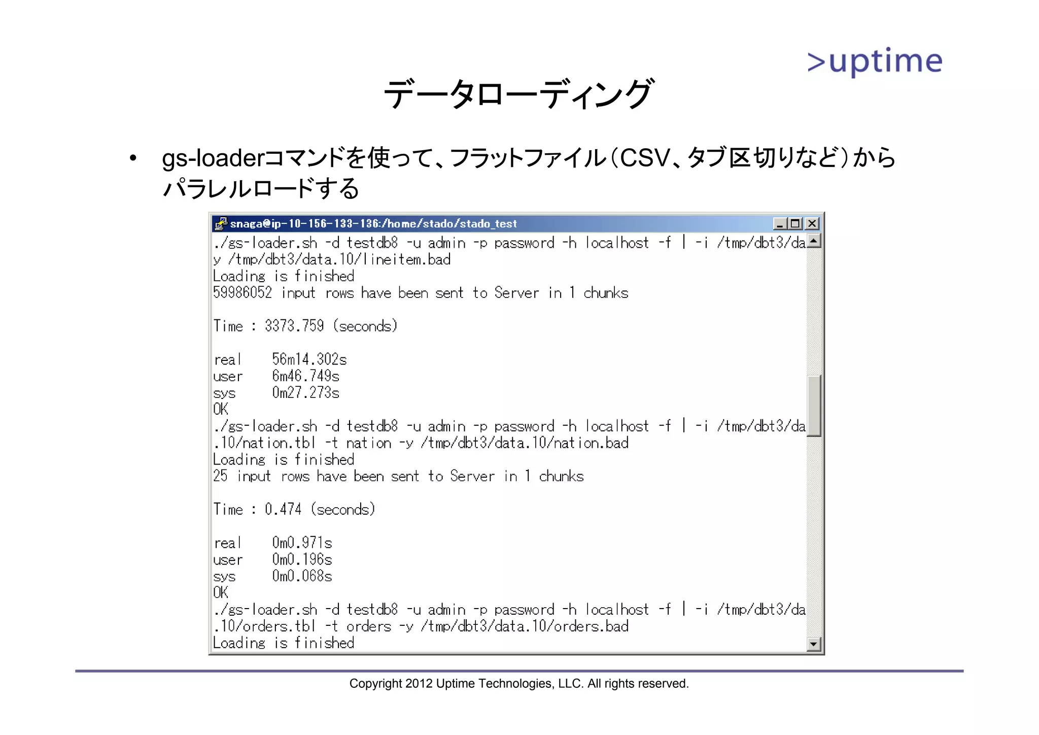 データローディング • gs-loaderコマンドを使って、フラットファイル（CSV、タブ区切りなど）から パラレルロードする Copyright 2012 Uptime Technologies, LLC. All rights reserved. 