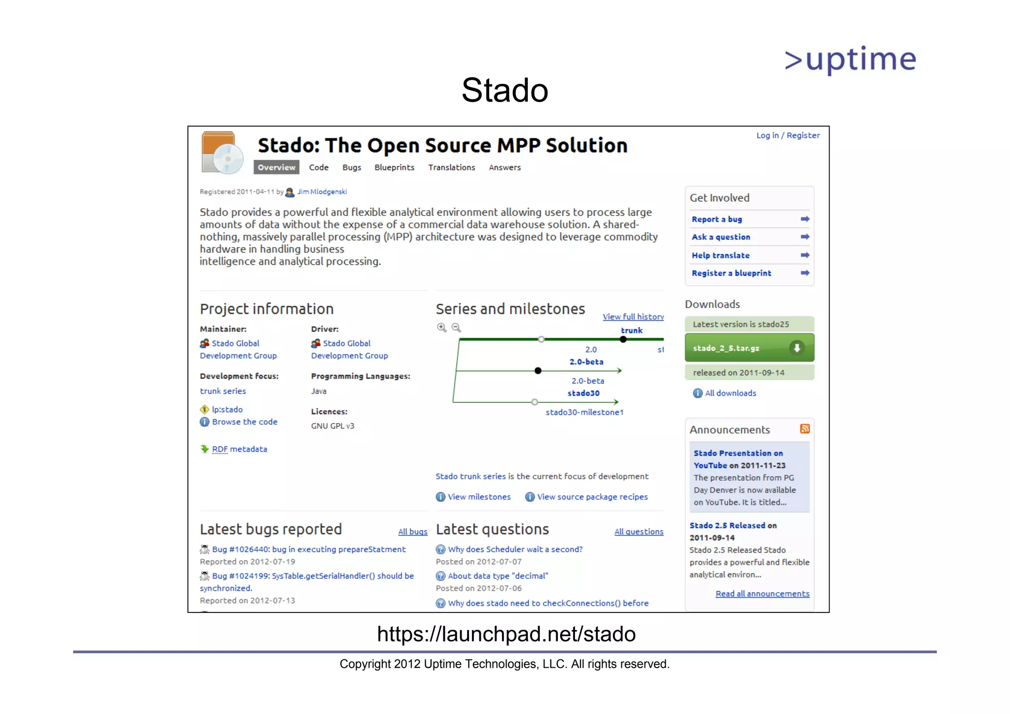 Stado https://launchpad.net/stado Copyright 2012 Uptime Technologies, LLC. All rights reserved. 