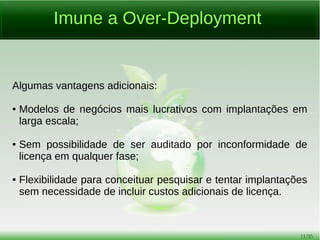 11/54
Liberdade
O PostgreSQL é Software Livre! :)
Você pode baixar, usar e / ou alterar o código-fonte como bem
entender.
Não precisa se preocupar com quantos núcleos tem seu servidor.
Totalmente livre! Livre!
O PostgreSQL é um só! Não existem versões “Light”, “Standard”,
“Advanced Server” ou mesmo “Express”... Uma única versão e
sem cortes de funcionalidades.
Todo poder do grande elefante dos dados à disposição do
usuário!
 